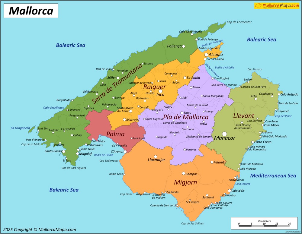 Mapa de Municipios y Comarcas de Mallorca